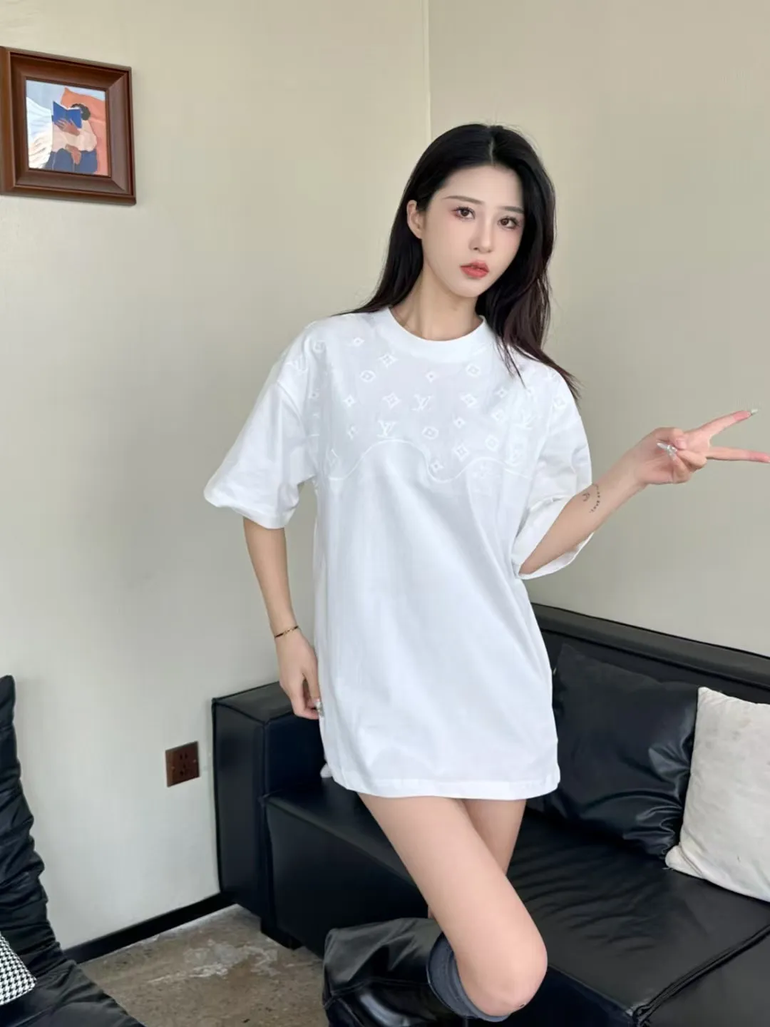 Louis Vuitton/Louis Vuitton dark pattern half-length presbyopic logo embroidered short sleeves